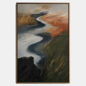 Hand-painted textured abstract wall art with earth tones, green, and black tones.