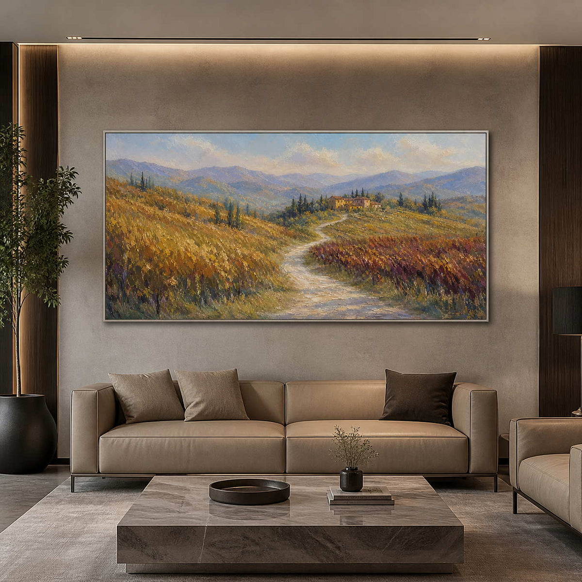 Panoramic countryside wall art displayed in a modern executive lounge.