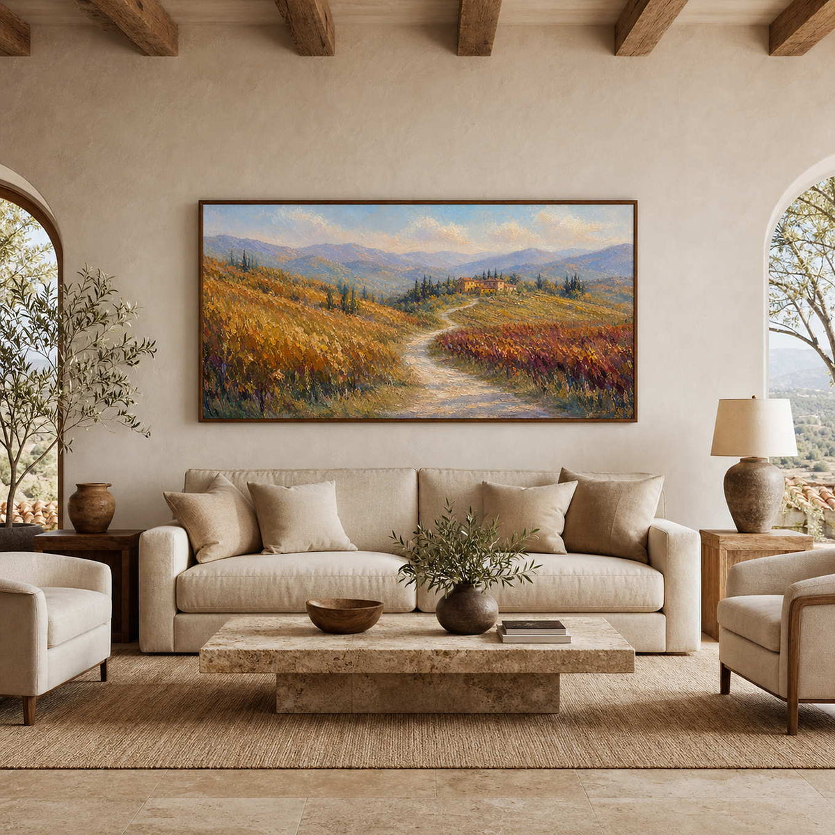 Tuscan landscape wall art displayed in a sunlit neutral villa living room.