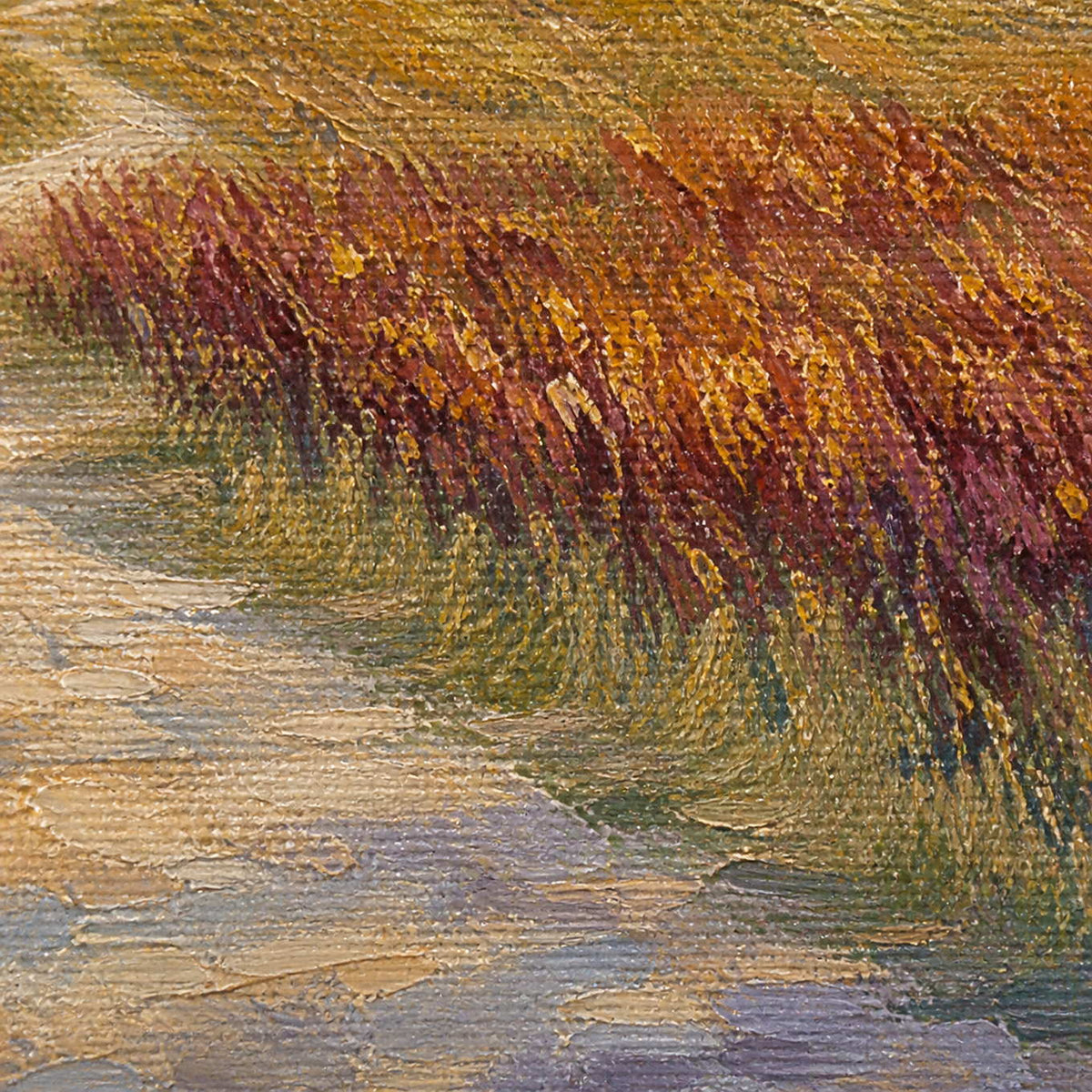 Close-up of amber burgundy green and violet palette-knife vineyard texture.