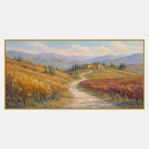 Panoramic Tuscan vineyard landscape with amber fields, mountain ridges, and villa.