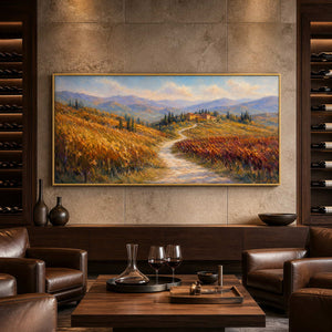 Panoramic vineyard wall art displayed in a refined winery tasting room.