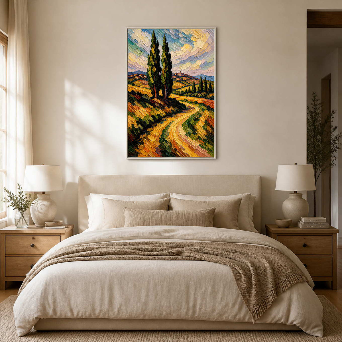 Cypress landscape canvas brings sunlit color above a neutral bed.