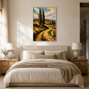 Cypress landscape canvas brings sunlit color above a neutral bed.