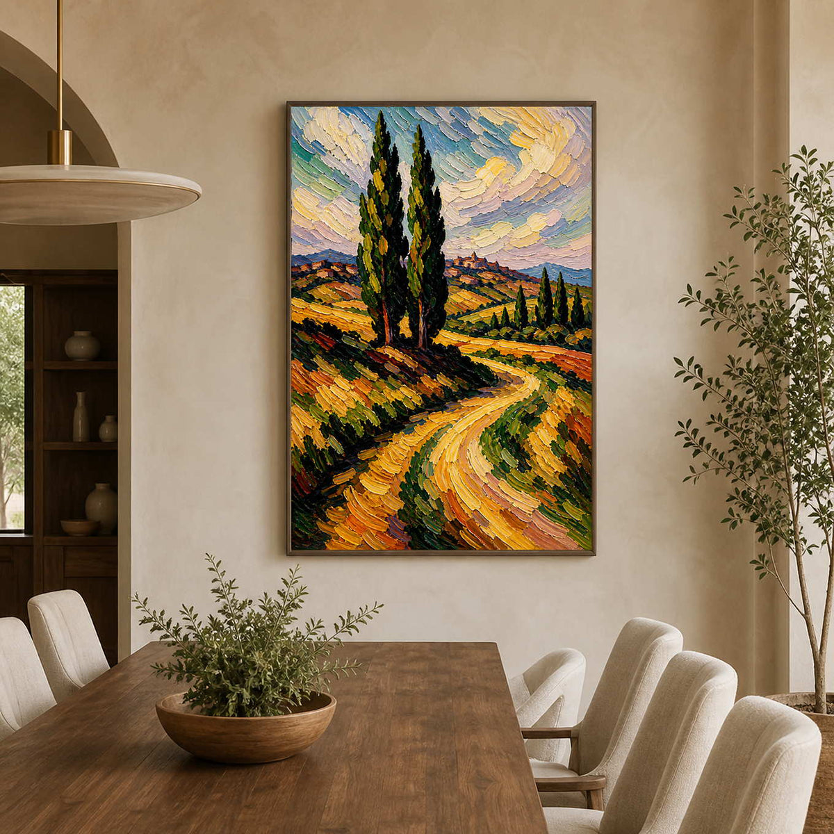 Golden Tuscan countryside painting warms a natural wood dining room.
