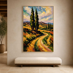 Impasto Tuscany landscape displayed above a sculptural gallery bench.