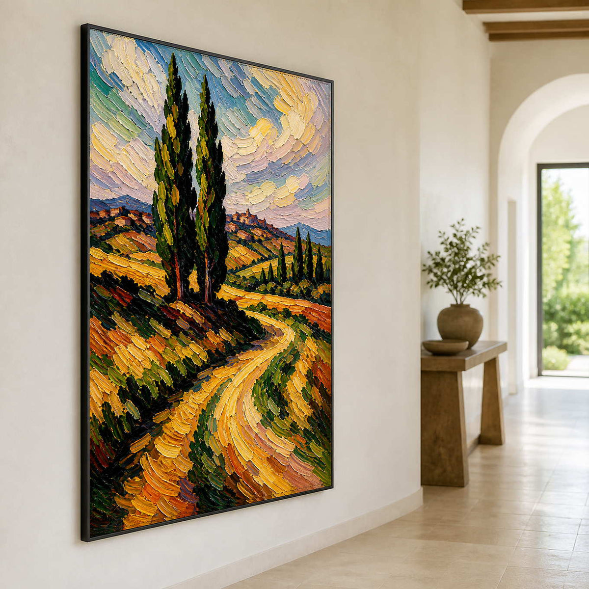 Expressive cypress painting creates depth along a light modern hallway.