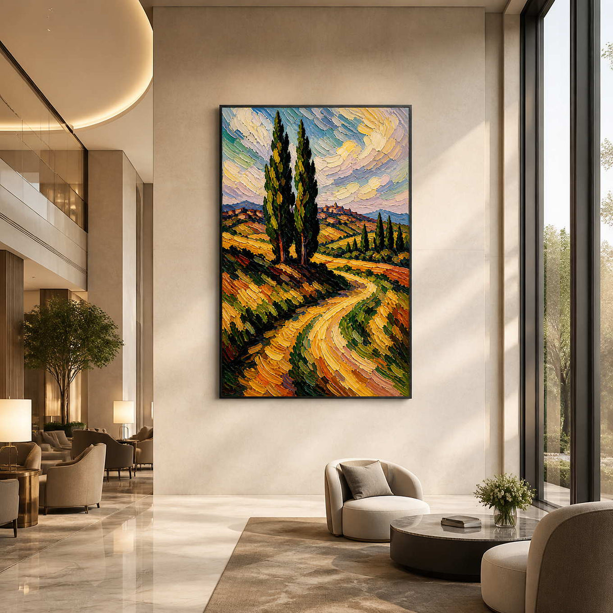 Vertical Italian landscape wall art displayed in a bright hotel lobby.