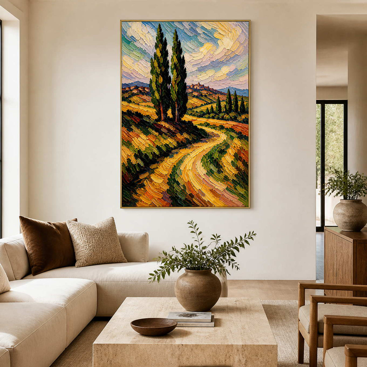 Textured Tuscan landscape wall art in a warm modern living room.