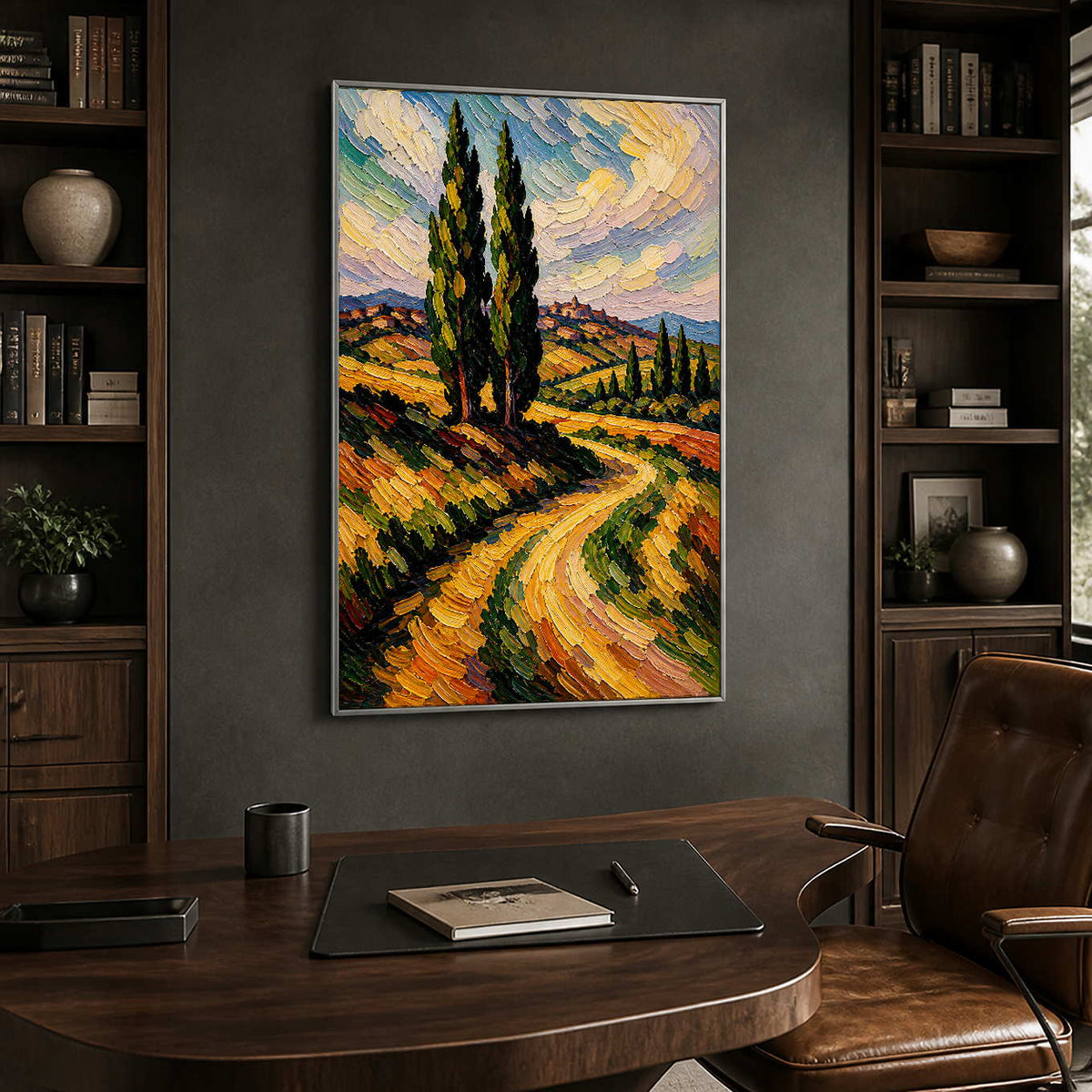 Textured Italian landscape adds rich warmth to a dark wood office.