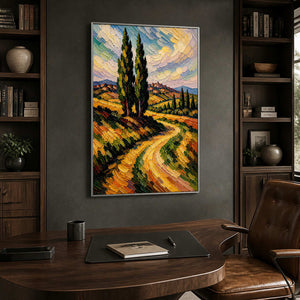 Textured Italian landscape adds rich warmth to a dark wood office.