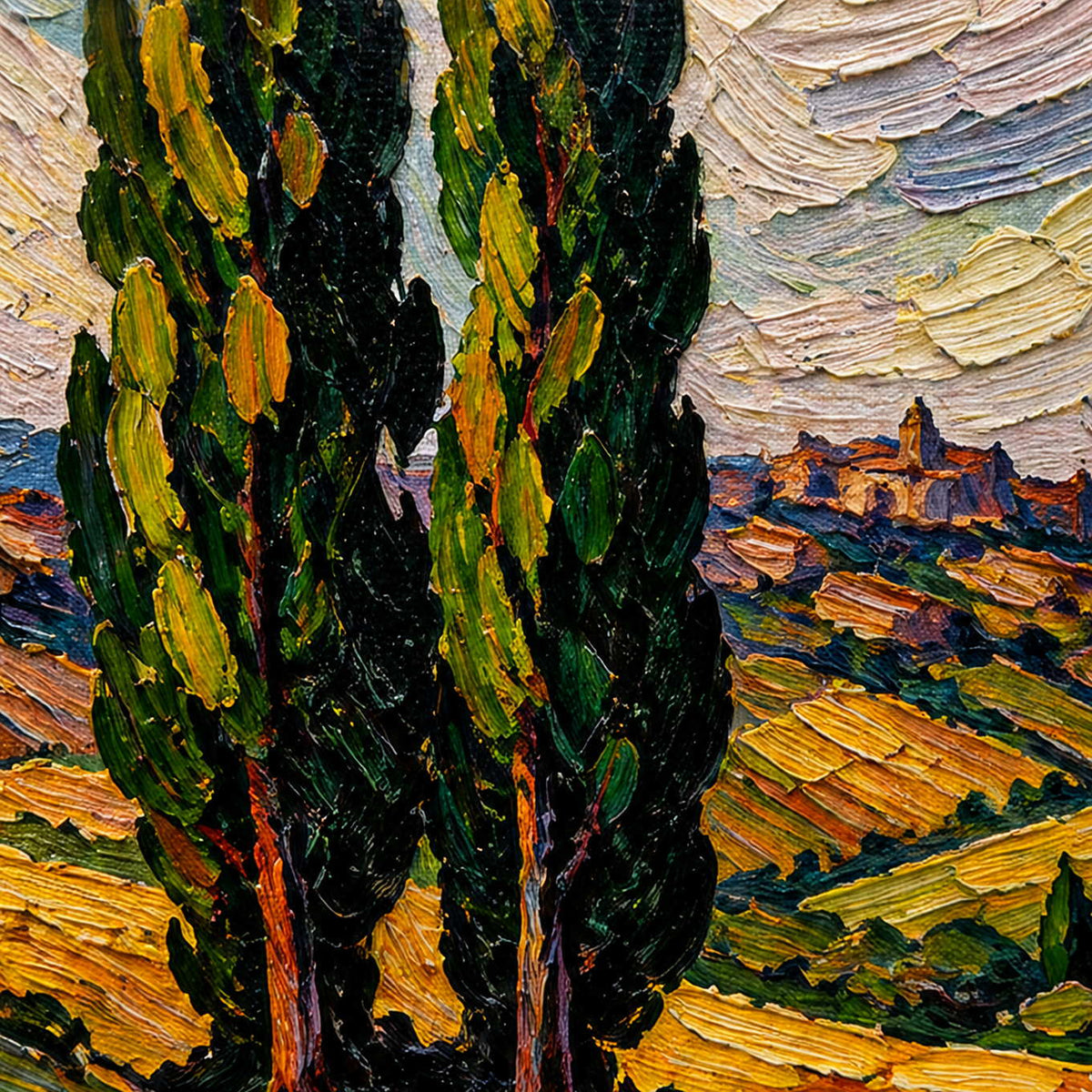 Close-up of dark cypress trees and golden palette-knife fields.