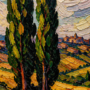 Close-up of dark cypress trees and golden palette-knife fields.