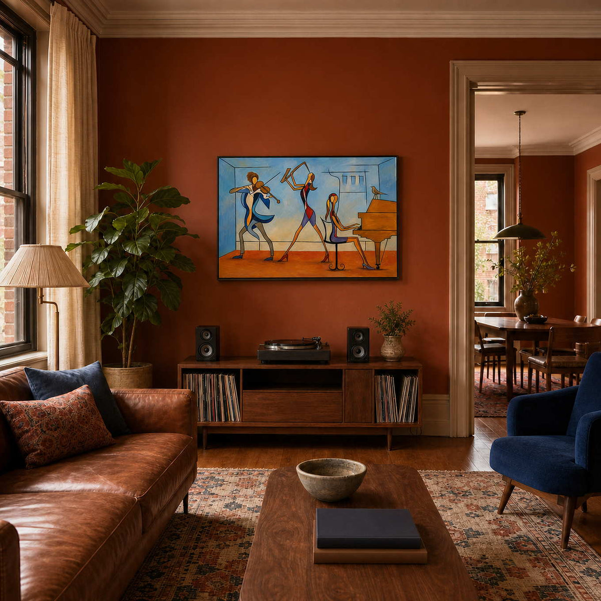 Modern musician wall art displayed in a Brooklyn brownstone music living room.