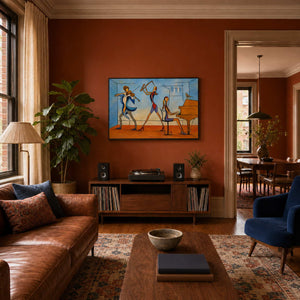 Modern musician wall art displayed in a Brooklyn brownstone music living room.