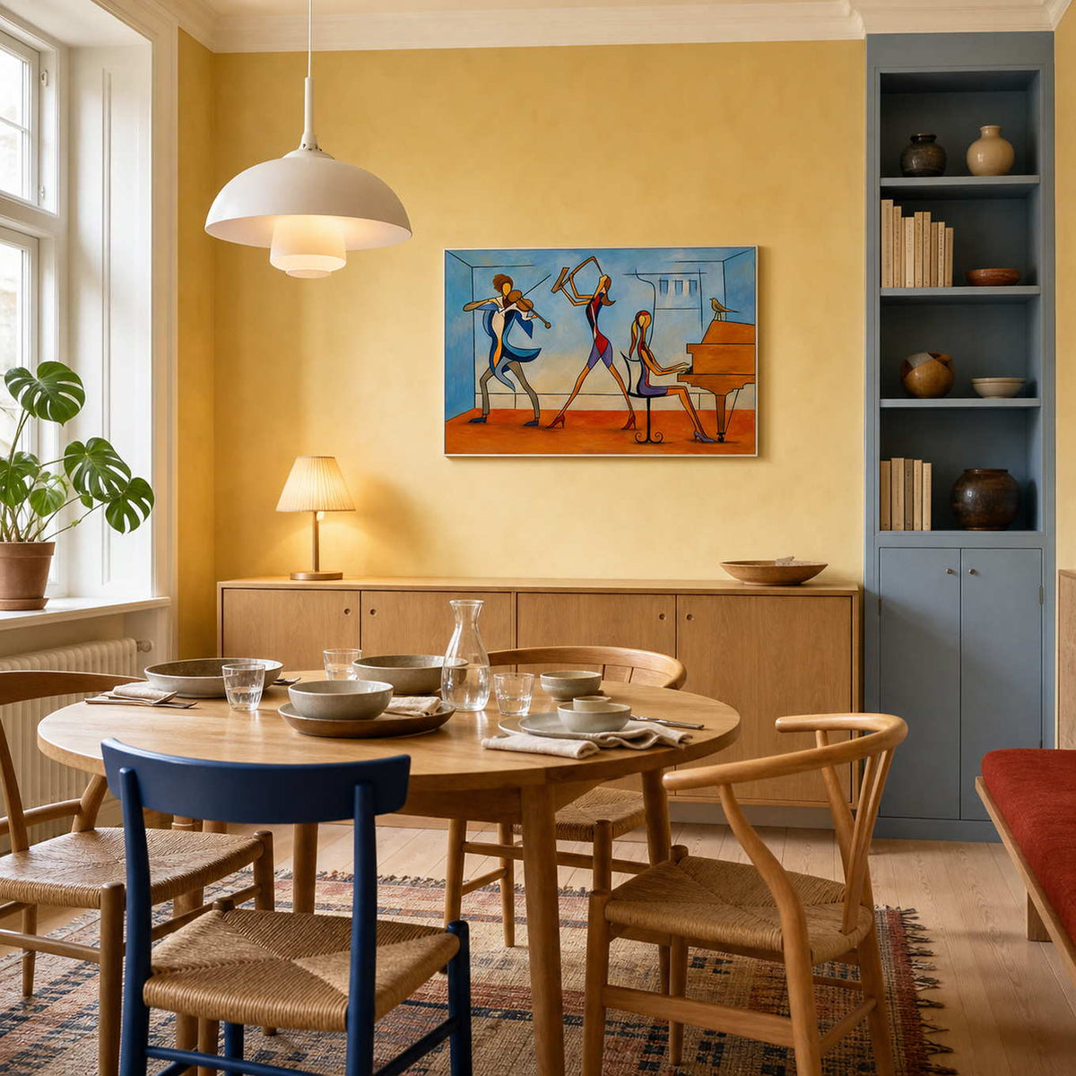 Blue and orange music wall art styled in a Copenhagen dining room.