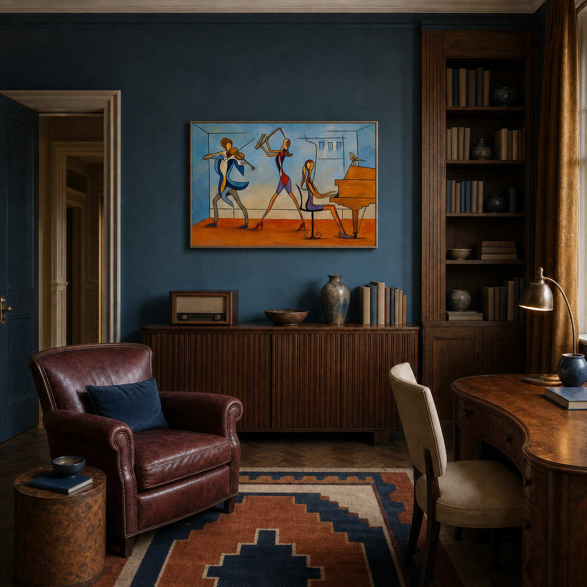 Modern music artwork displayed in a dark London inspired home study.