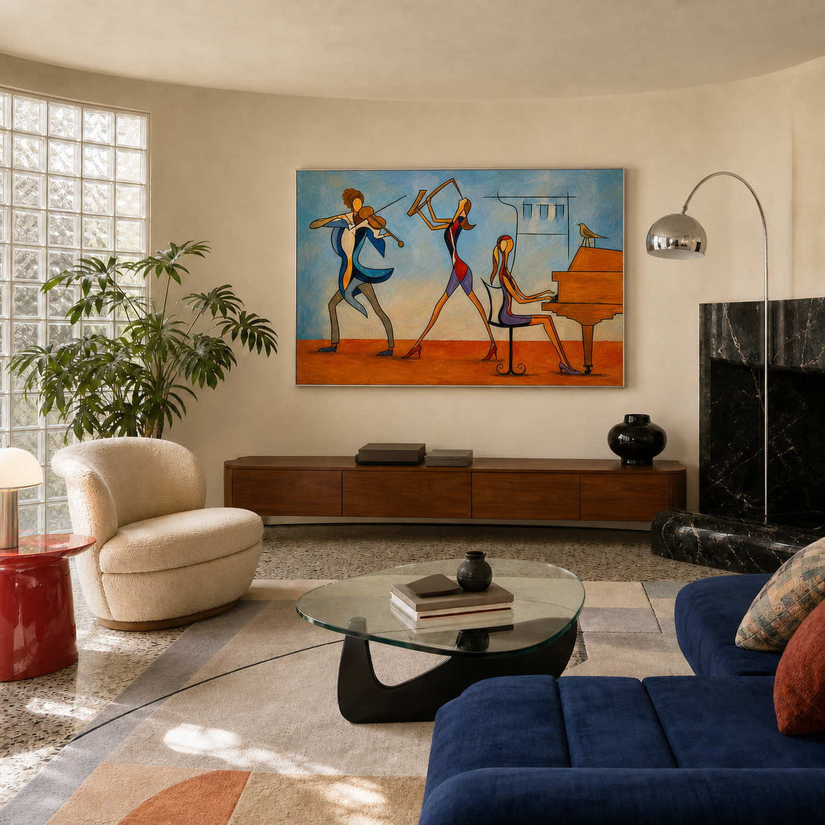 Colorful musician wall art brightens a Los Angeles postmodern living room.