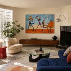 Colorful musician wall art brightens a Los Angeles postmodern living room.