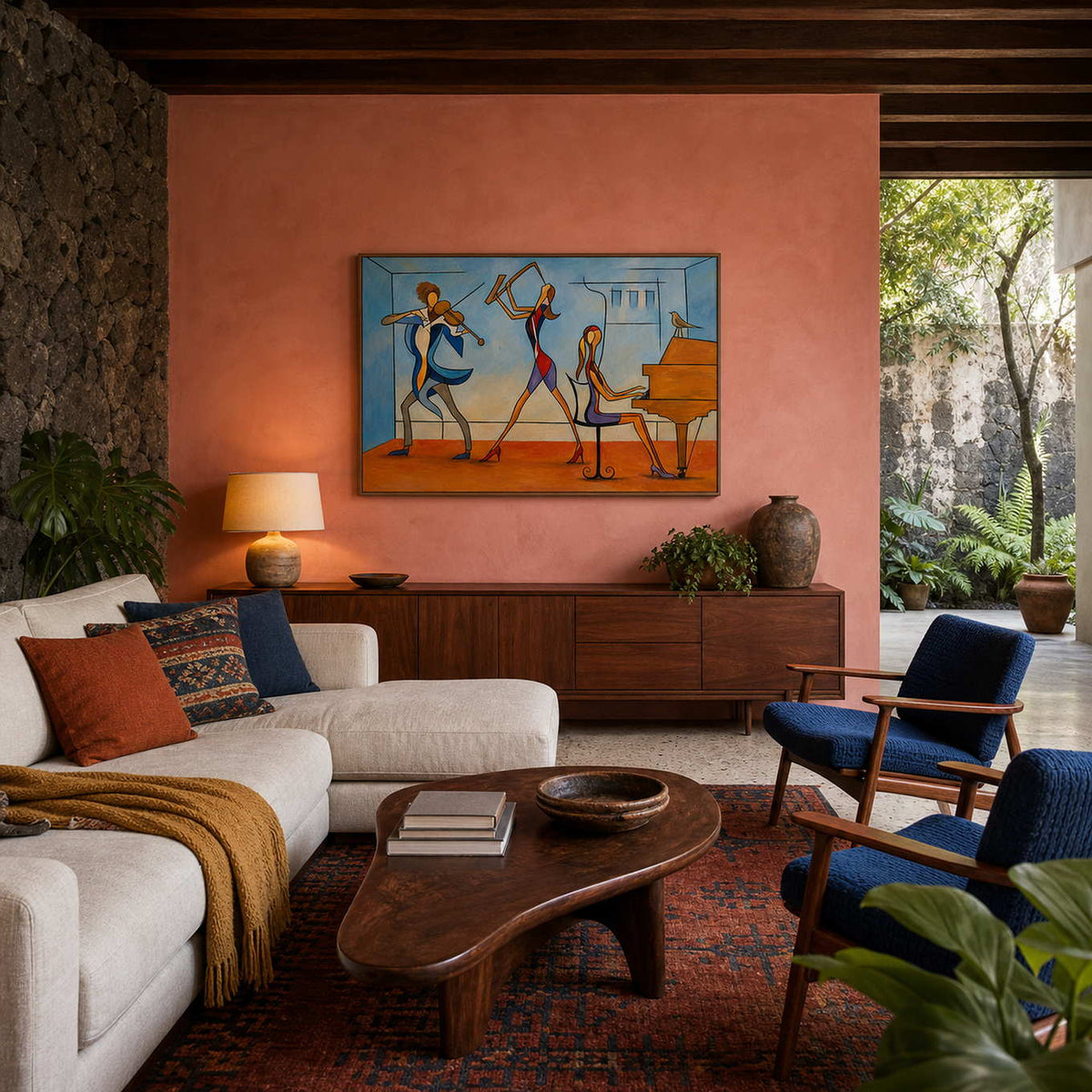 Colorful modern music wall art displayed in a Mexico City inspired living room.