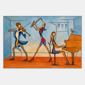 Hand-painted modern music artwork with a violinist, dancer, and pianist in blue and orange.