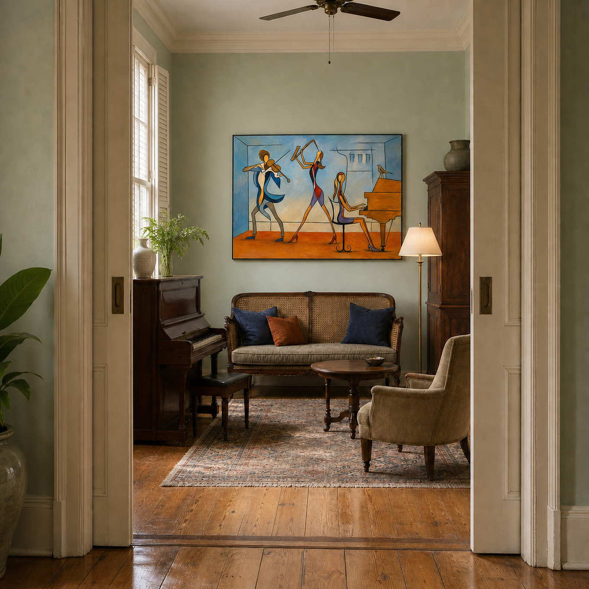 Modern music wall art displayed in a New Orleans inspired home music room.