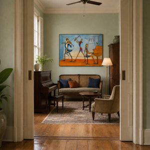Modern music wall art displayed in a New Orleans inspired home music room.