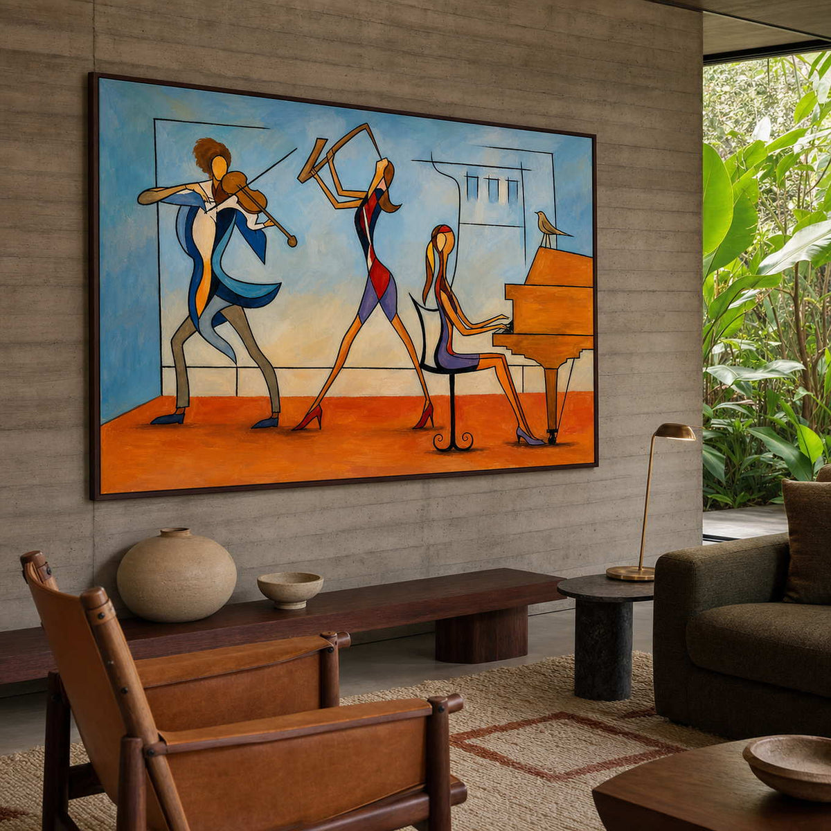Blue and orange musical artwork styled in a São Paulo modernist living room.