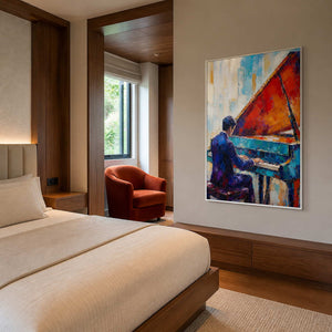 Colorful textured piano wall art displayed in a calm modern bedroom.