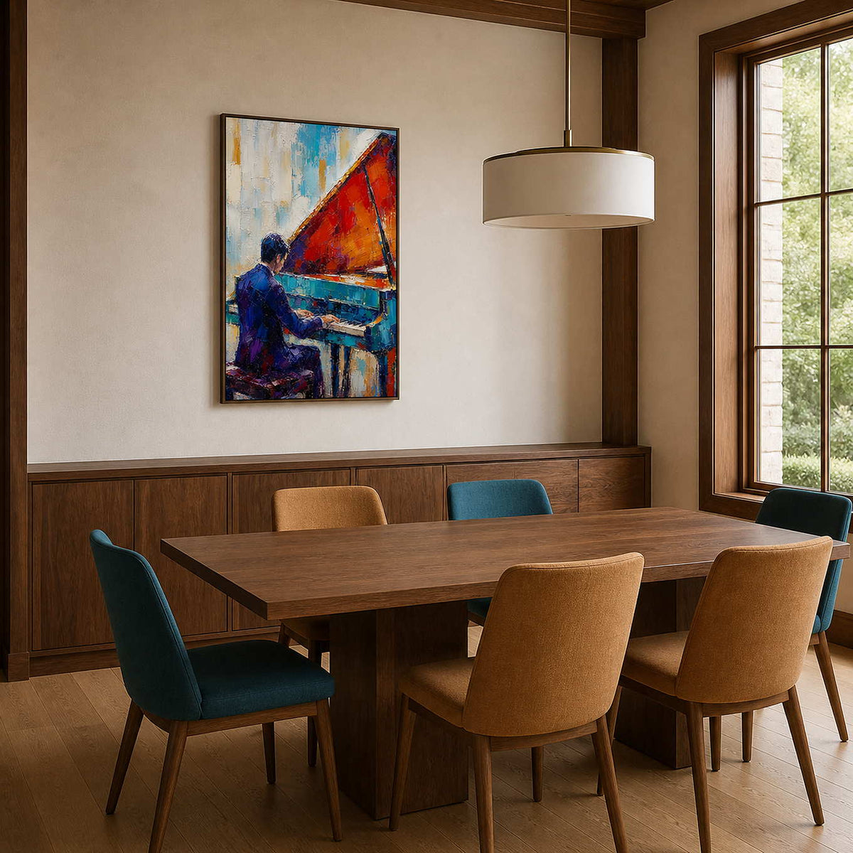 Colorful textured piano wall art displayed in a warm dining room.