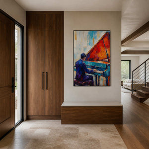 Colorful textured piano wall art displayed in a modern home entryway.
