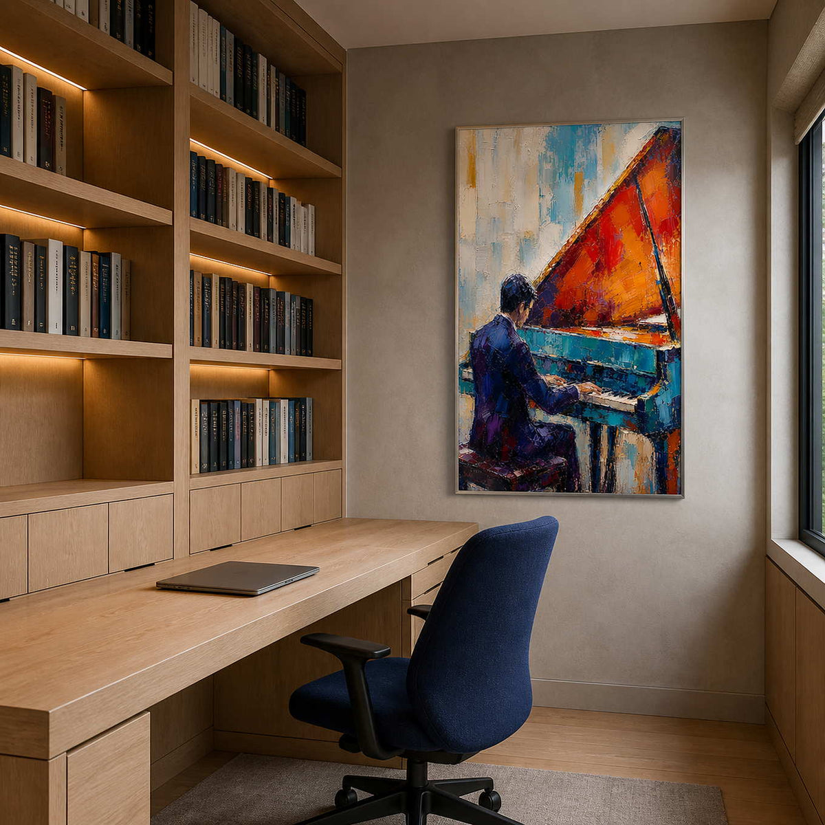 Colorful textured piano wall art displayed in a creative home office.