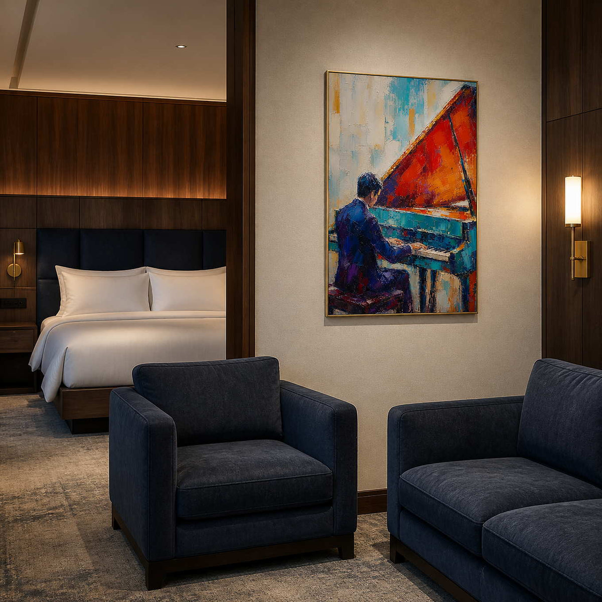 Colorful textured piano wall art displayed in a boutique hotel suite.