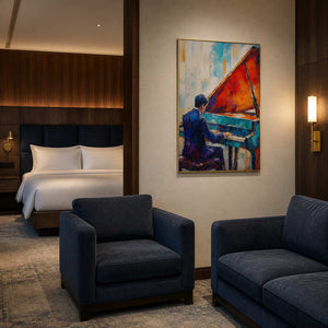 Colorful textured piano wall art displayed in a boutique hotel suite.