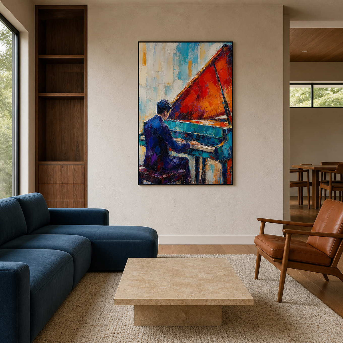 Colorful textured piano wall art displayed in a modern living room.