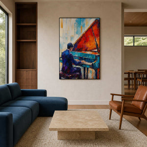 Colorful textured piano wall art displayed in a modern living room.