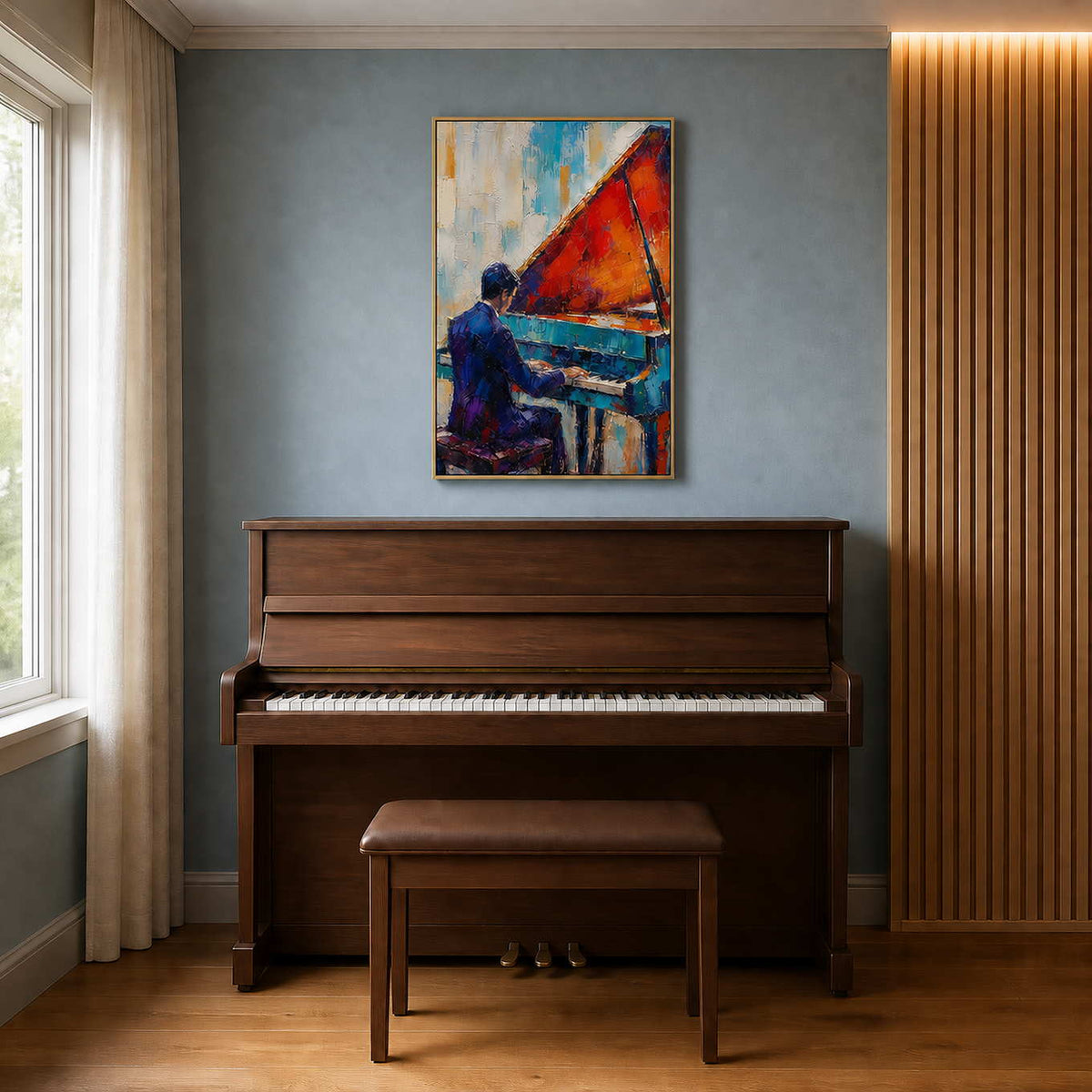 Colorful textured piano wall art displayed above a home piano.