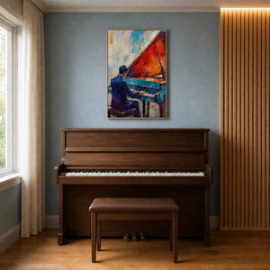 Colorful textured piano wall art displayed above a home piano.