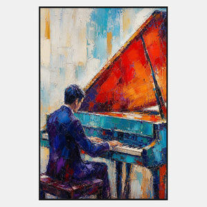 Vertical textured wall art of a pianist at a colorful grand piano.