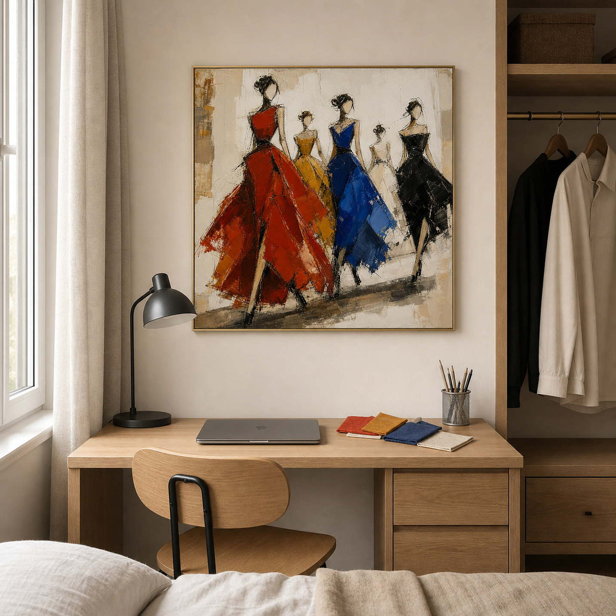 Textured fashion wall art styled above a desk in a creative home office.