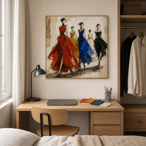 Textured fashion wall art styled above a desk in a creative home office.