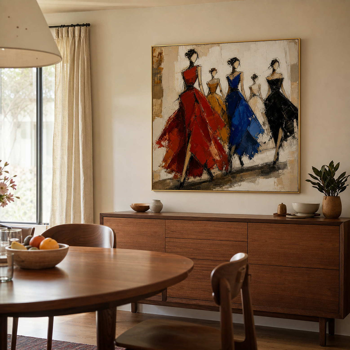 Colorful figurative fashion wall art displayed in a warm modern dining room.