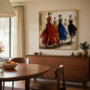 Colorful figurative fashion wall art displayed in a warm modern dining room.