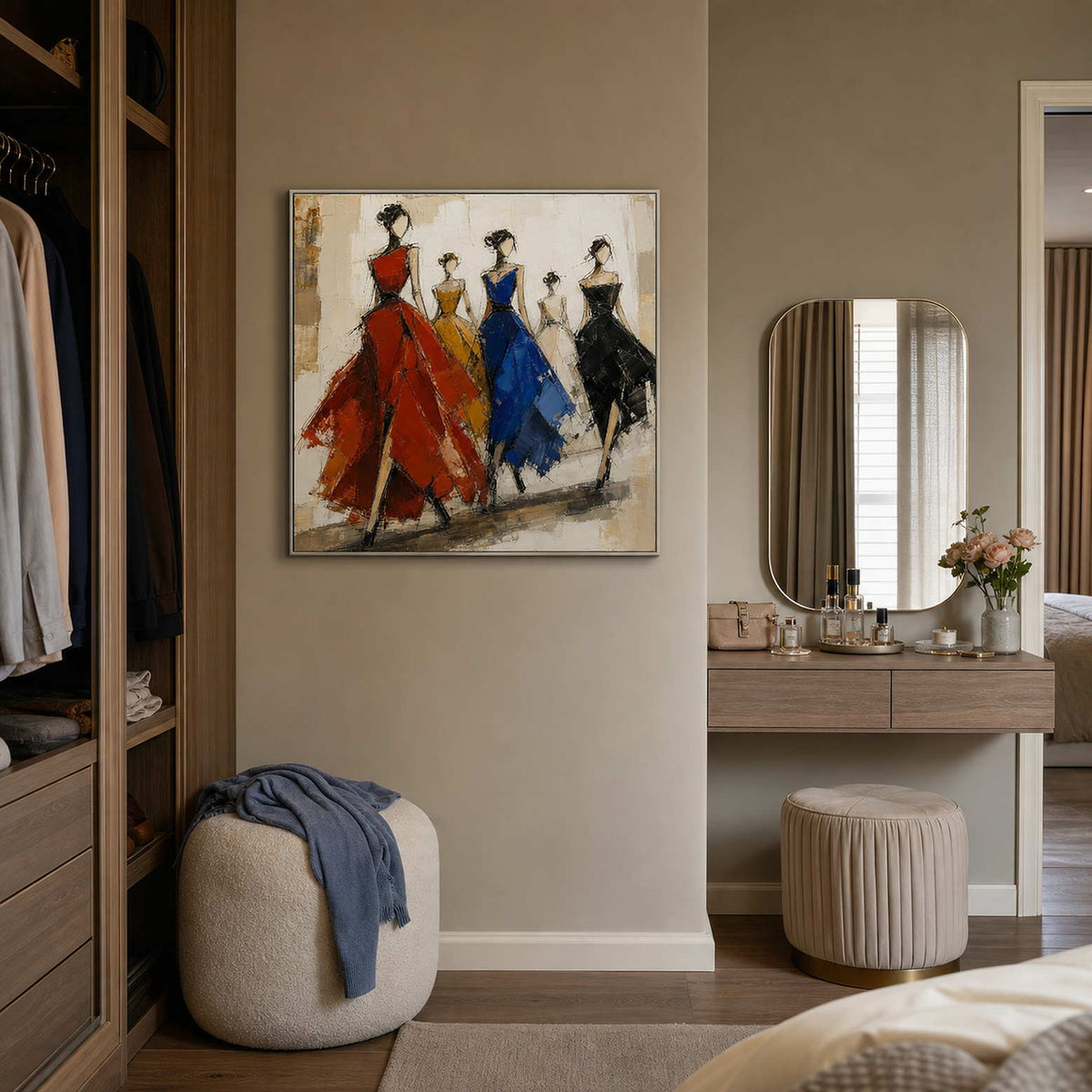 Abstract fashion wall art styled beside a vanity in a refined dressing room.