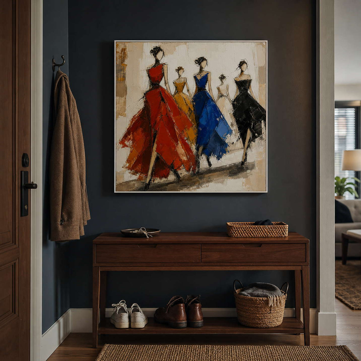 Colorful textured fashion wall art displayed above a console in a dark entryway.