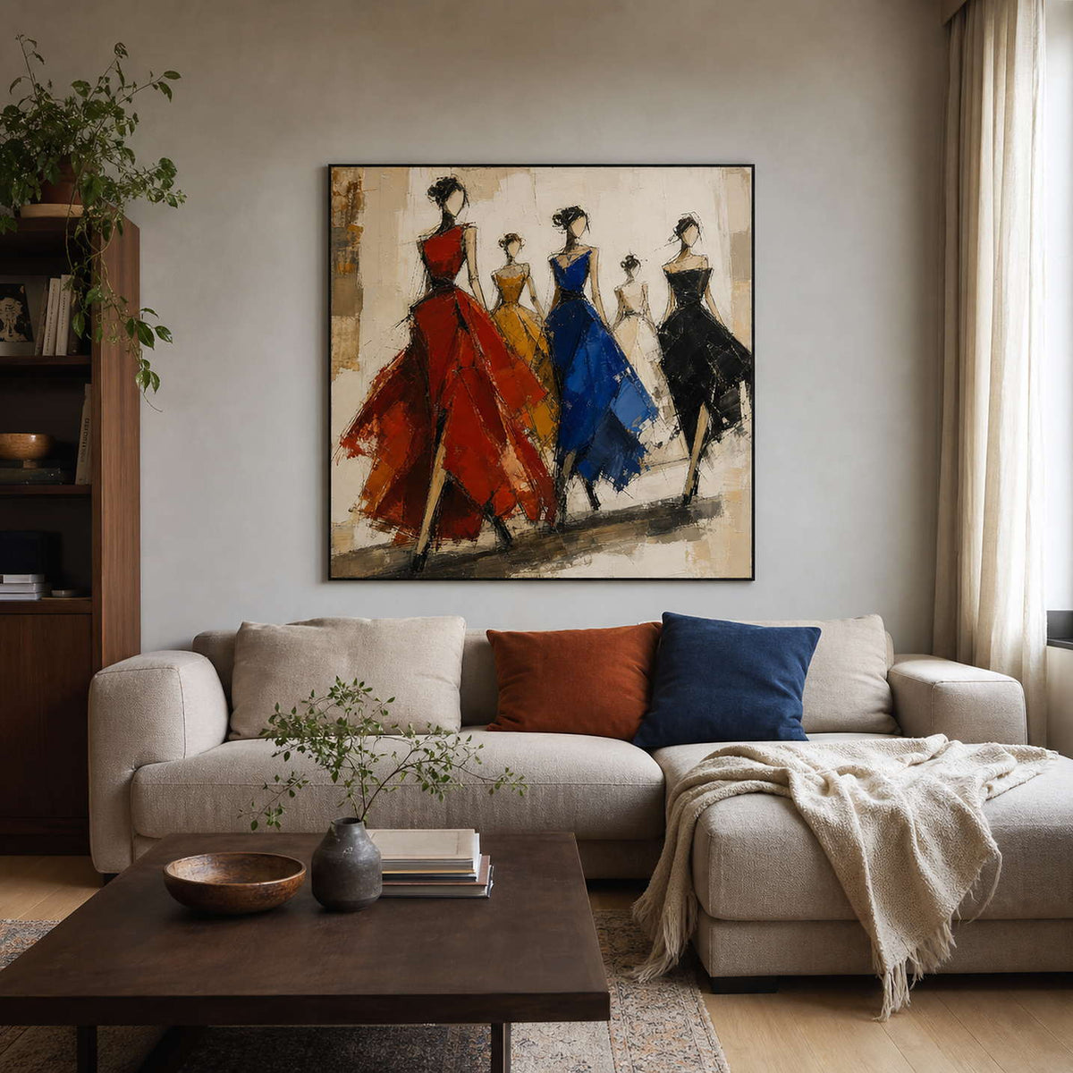 Textured fashion wall art displayed above a neutral sofa in a modern living room.