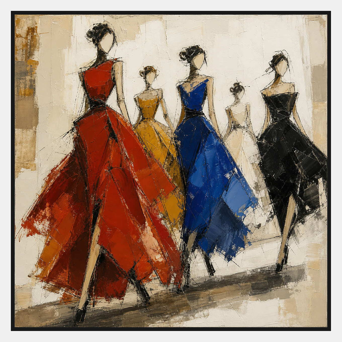 Hand-painted textured fashion wall art with abstract figures in red, blue, gold, ivory, and black.