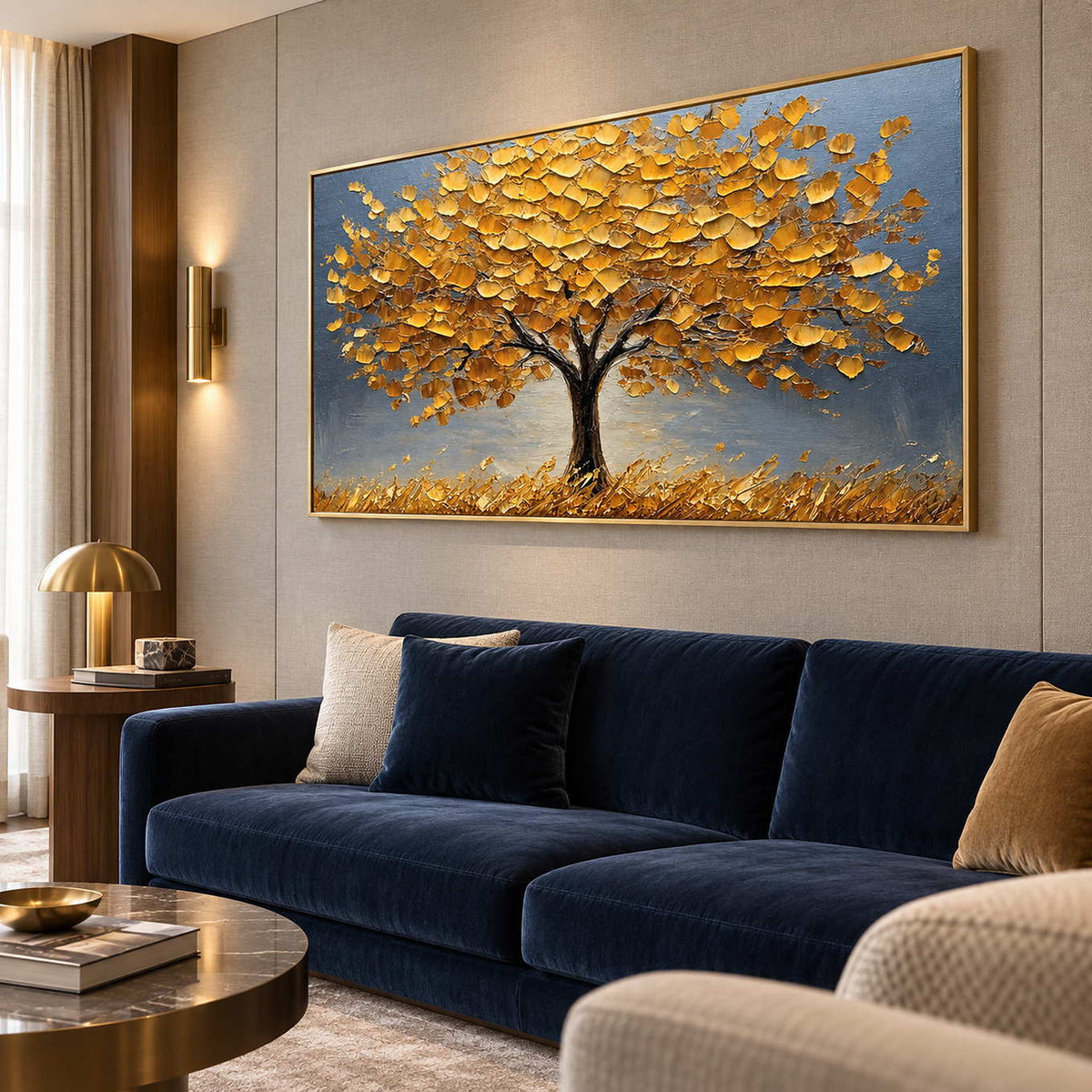 Bright tree painting above a navy sofa with cream and ochre cushions.