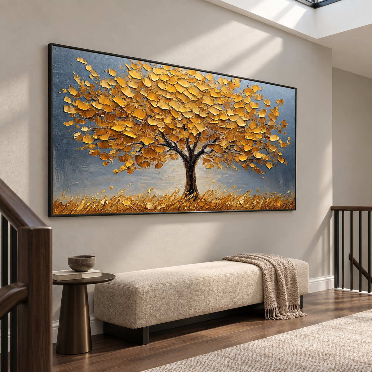 Yellow tree artwork above a cream landing bench beside a stair railing.
