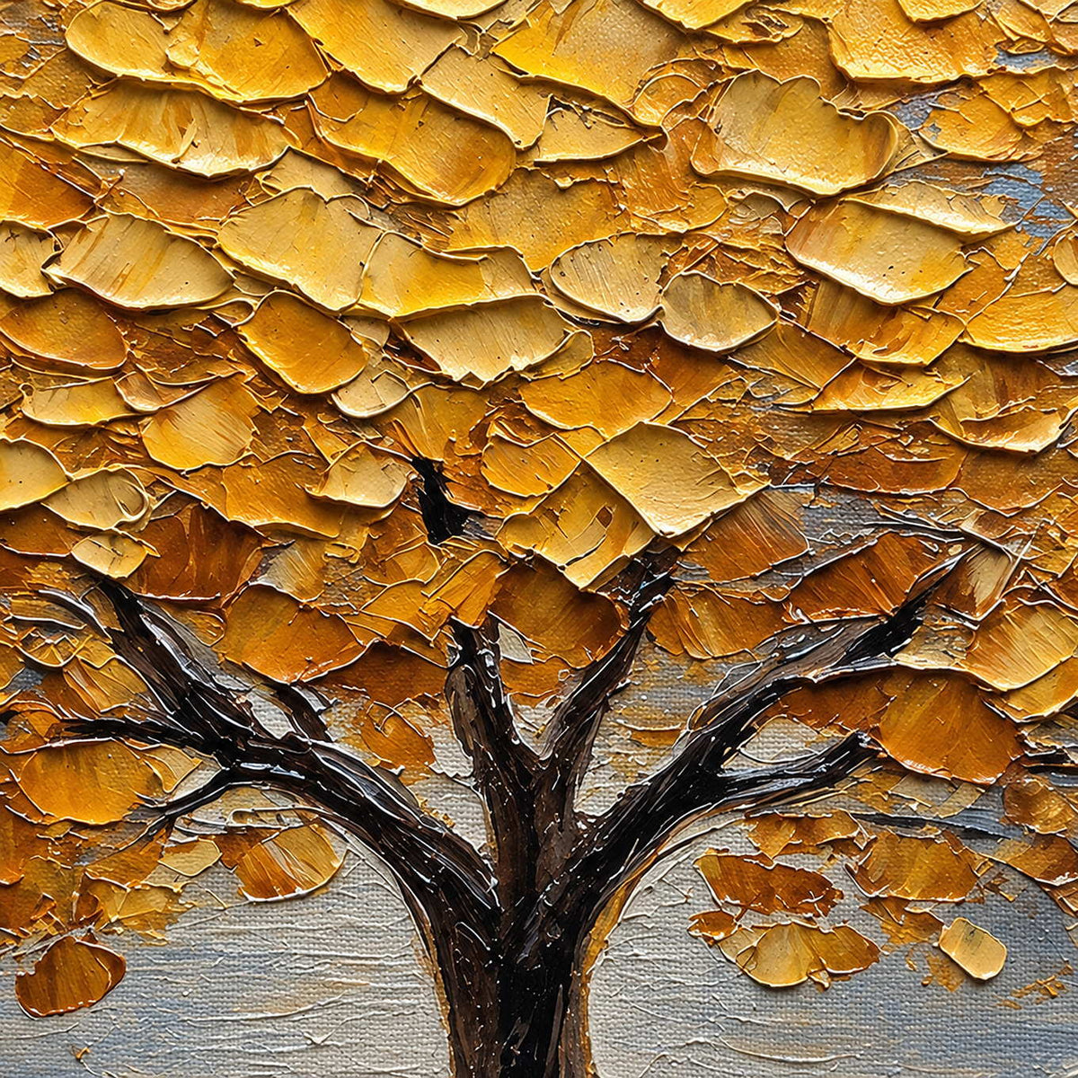 Detail of densely layered golden-yellow leaves around the tree's dark branching trunk.